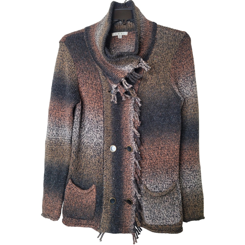 Cabi Knit Sweater Cardigan Medium Brown Black Open Front Fringe Pockets